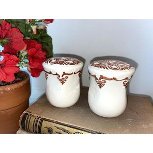 Mehndi Inspired Ceramic Salt & Pepper Shaker Set Ivory w/ Light Brown Design Ind